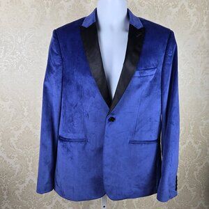 Guess Size Medium Blue Velvet Blazer 1 Button Front Black Satin Lapels 3 Pocket